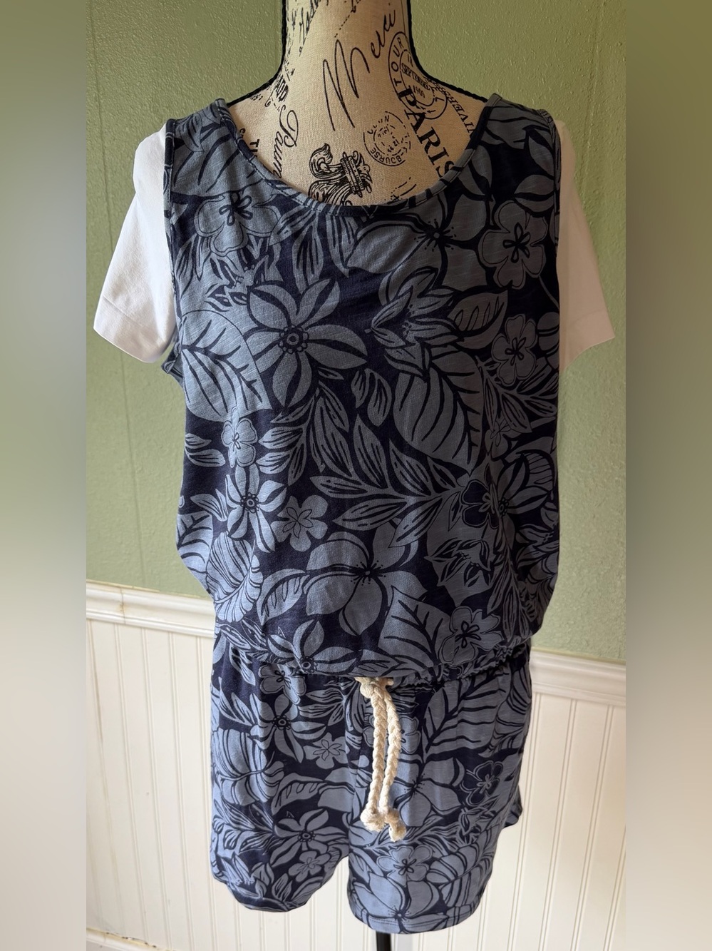 NWT Navy Tropical Floral Print Drawstring Romper Viscose & Cotton